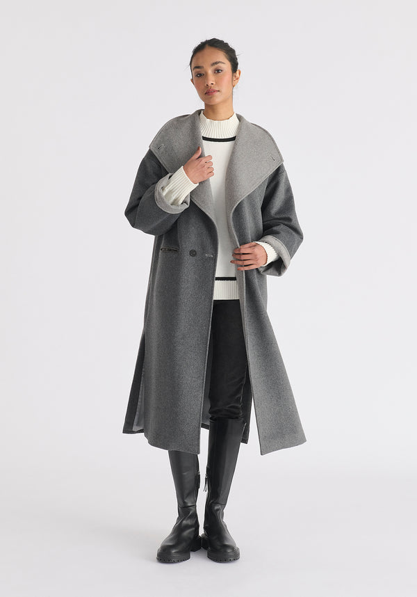 Two-Tone Double Breasted Wool Blend Coat in Grey Front